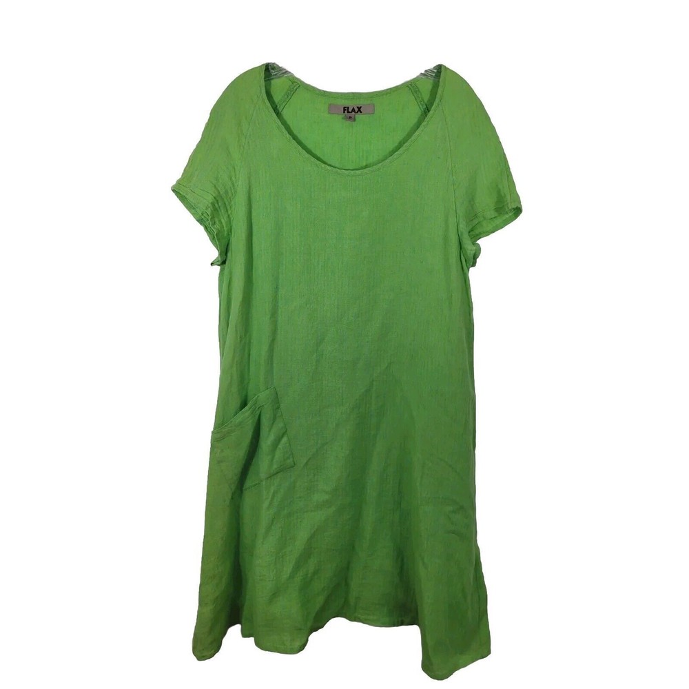 Flax 100% Linen Size Petite Green Shift Dress Lagenlook Boho Womens Pocket